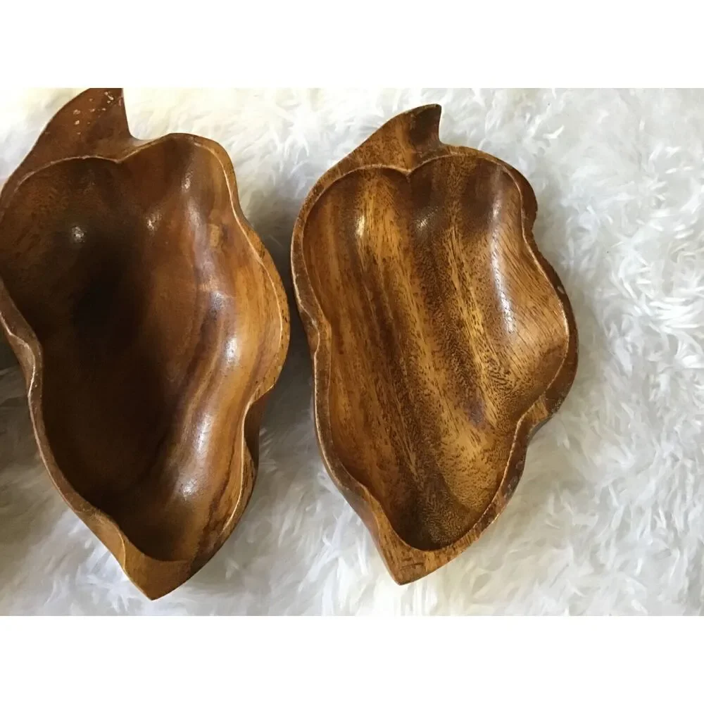 Mid Century Wooden Leaf Salad Bowl Set 5 Pc Vintage Primitive Serving Bowls